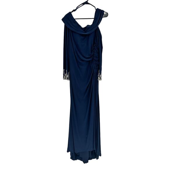 Mac Duggal 12231 Midnight Beaded Cuff Drop Shoulder Faux Wrap Gown 12 NWT - Picture 3 of 7